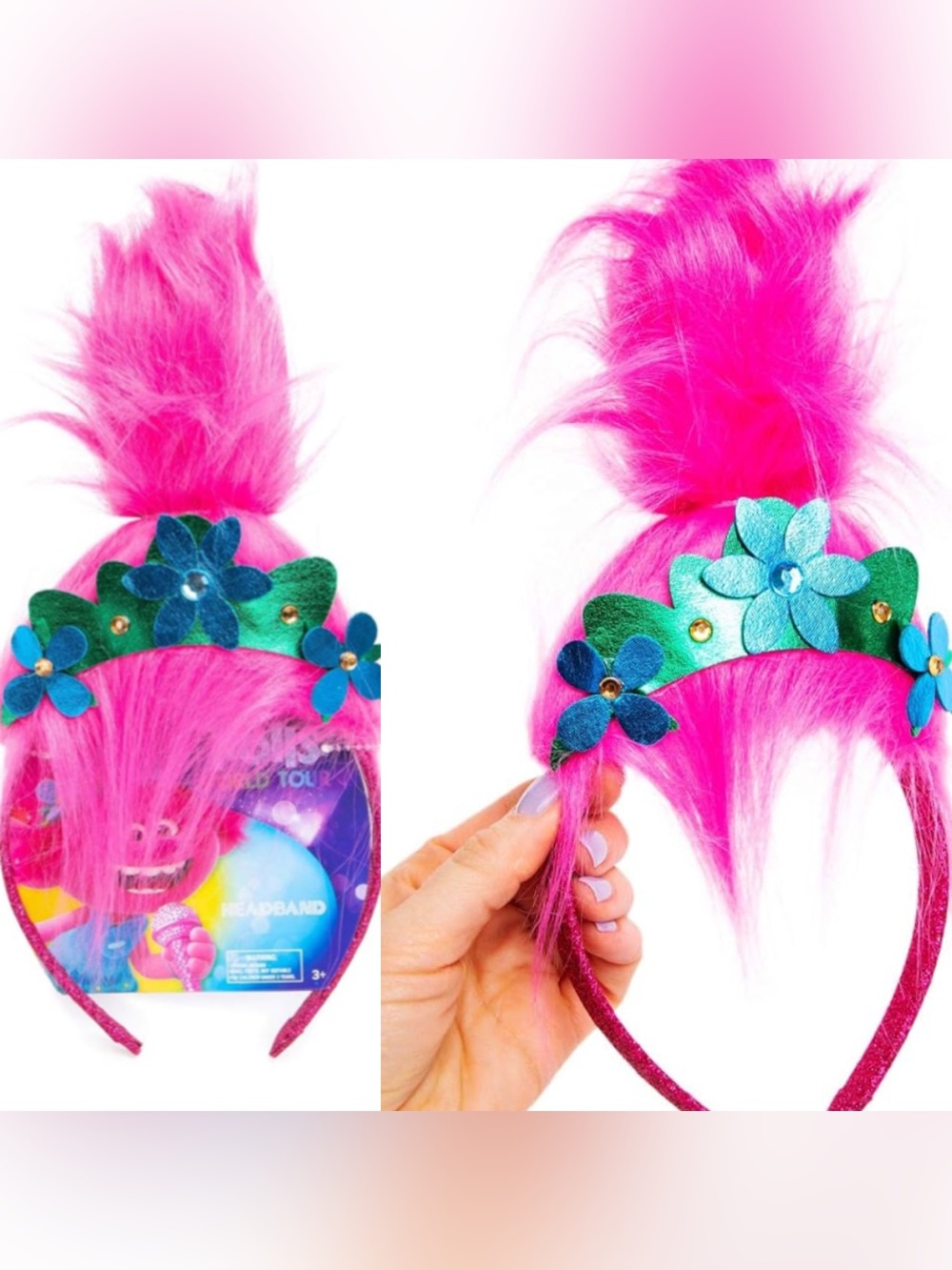 Trolls Bright Pink Fuzzy Headband with Teal & Blue Flower Accents